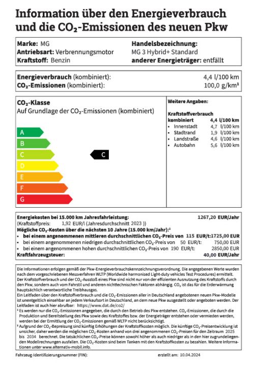 MG3 Hybrid+ Standard Energielabel